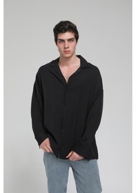 Resim R-3575 Apaş Yaka Uzun Kollu Aerobin Kumaş Oversize Gömlek - SİYAH Siyah 