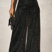 Resim Kadınlar İçin Yüksek Bel Geniş Paça Pantolon - Parlak Şık Günlük ve Resmi Giyim için Makinede Yıkanabilir, Her Mevsime Uygun, Çok Amaçlı Kumaş, Tek Renk Siyah, Zarif Tasarım 