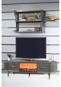 Resim Maya Şömineli Tv Sehpası Antrasit Gold Şeritli Oval Tasarım Alev Efektli 2 Çekmeceli 180x40x53 Cm 