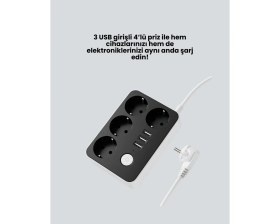 Resim Pileli Store 3 USB Çıkışlı 4’lü Akıllı Priz 2500W 2 Metre Kablo 