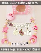 Resim Sahi Aksesuar İsimli Bebek Emzik Zinciri ve Pembe Taşlı Bebek Yaka İğnesi Pembe 