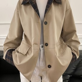 Resim Kadınlar İçin Şık Bej Yağmurluk - Düğmeli Ön Kapatmalı, Ofis ve Günlük Kullanım için Yapısal Blazer Tasarımlı, Her Mevsim Ceket - Makinede Yıkanabilir Dış Giyim, Kaliteli Dikişli Ofis Kıyafeti 