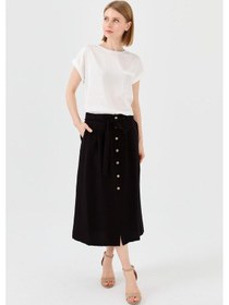 Resim Desen Triko Kadın Beli Kuşaklı Önü Düğmeli Etek 23487 Siyah 