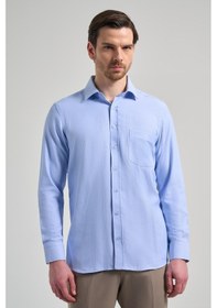Resim İmza Mavi Sert Yaka Düz Classic Pamuklu Comfort Fit Gömlek 1004250213 Mavi 