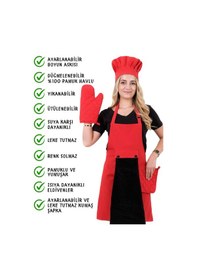 Resim Star Ayar Askılı 5li Mutfak Önlüğü Seti Ayar Askılı Havlulu Önlük, Şapka, Eldiven, Tutacak Kırmızı-siyah-kırmızı 