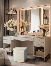 Resim Zengo Gold Twin Line Kare Puf -beyaz Kumaş, Dekoratif Makyaj Masası Pufu-modern Style 