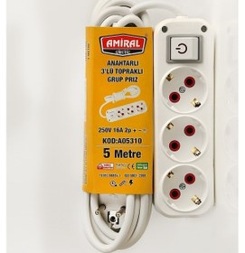 Resim Amiral 3' Lü Topraklı Anahtarlı 5 Metre Kablolu Grup Priz 