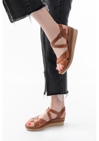 Resim 731-045 Taba Çapraz Hakiki Deri Dolgu Topuklu Günlük Kadın Sa... Taba 