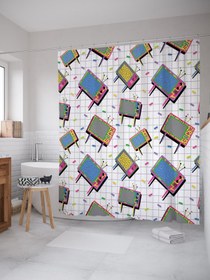 Resim Mahi Store Eski Televizyonlar Desenli Duş Perdesi / Banyo Perdesi Su Geçirmez 190 Cm X 175 Cm 