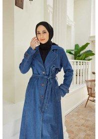 Resim Neways 6458-Battal Allerli Denim Trençkot Koyu Mavi Mavi 