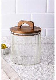 Resim Qerhome Borosilikat Cam Optik Çizgili Akasya Kapaklı Kavanoz Zahire 1750 Ml Şeffaf 