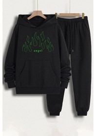 Resim Kapuşonlu Beyaz Ön Green Angel Baskılı Eşofman Takımı Siyah 