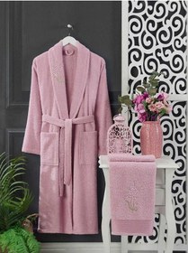 Resim 4 Parça Aile Bornoz Seti Kadın Erkek Havlulu Bornoz Takımı Pembe Gri 001 