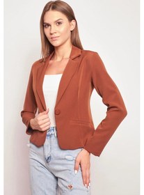 Resim Yakalı Flato Cepli Uzun Kol Pamuklu Kumaş Hafif Likralı Kısa Blazer Ofis Ceket-koyu Taba K.taba 