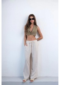 Resim Defymoda Aksesuar Detay Keten Pantolon Bej 