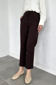 Resim Puane Bel Lastikli Yüksek Bel Tesettür Kumaş Pantolon Kahve TZL-P-00020578 