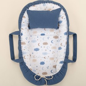 Resim Babynest ve Yastık - Çift Taraflı - Koyu İndigo Petek - Mavi Bulut 