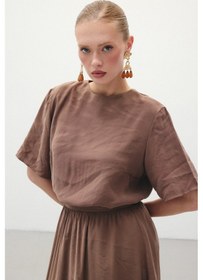 Resim Sateen Kısa Kollu Salaş Bluz - Kahve-136286 Kahve 