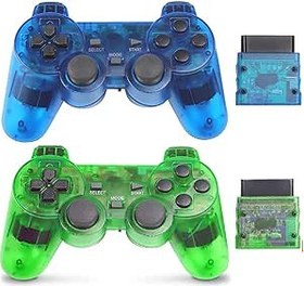 Resim Rzzhgzq PS2 Wireless Controller 2.4G Play Station 2 Gamepad 2 Pack Dual Vibration Compatible with Sony Playstation 2 Console (ClearBlue +ClearGreen) 