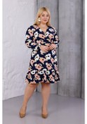 Resim Kadın Lacivert Somon Çiçek Desen Kruvaze Yaka Esnek Bel Büyük Beden Elbise Lacivert 
