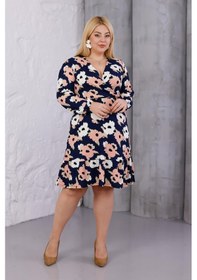 Resim Kadın Lacivert Somon Çiçek Desen Kruvaze Yaka Esnek Bel Büyük Beden Elbise Lacivert 