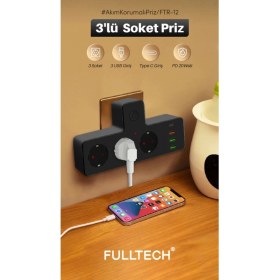 Resim Ftr-12 Termal Akım Korumalı Isıya Dayanıklı 3’lü Priz 3x USB 1x Type-C 
