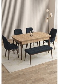 Resim Mazaka Serisi 80x132 Açılabilir Mdf Meşe Masa Takımı 4 Cappucino Sandalye 1 Bench Kahve Ayak Antrasit 