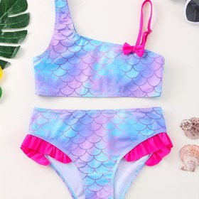 Resim Kız Çocukları için Moda Denizkızı Baskılı Mor Balık Pullu Desenli Bikini Mayo 4-12 Yaş 