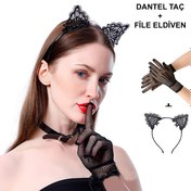 Resim Siyah Kedi Dantel Taç + Eldiven Seti – Parti, Dans ve Kostüm Kombini 