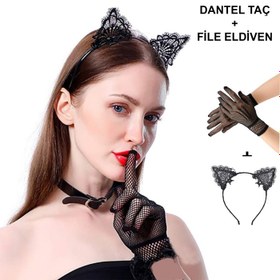 Resim Siyah Kedi Dantel Taç + Eldiven Seti – Parti, Dans ve Kostüm Kombini 