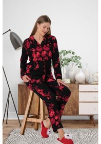 Resim Mecit Pijama Mecit 5922 Bayan Çiçek Desenli Boydan Düğmeli Pijama Takımı 001 