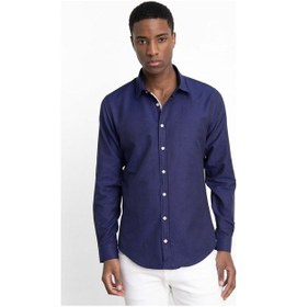 Resim Tudors Slim Fit Uzun Kol Oxford Doku Armürlü Biyeli Erkek Gömlek-26938-Lacivert 