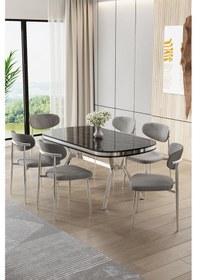 Resim Canisa Olya Serisi 90x168 Lak Panel Sonata Masa Takımı Krom Ayaklı 6 Gri Sandalye Sonata Masa Gri Sandalye 