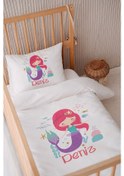 Resim %100 Pamuk Saten Isme Özel Isimli 100x150 Bebek Yatak Nevresim Seti Pembe Saçlı Denizkızı 