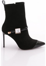 Resim Dgn 5313 Kadin Kemer Detayli Sivri Burun Topuklu Bot Siyah Süet 