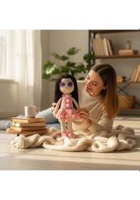 Resim Tığ İşi Sevimli Kız Bebek Amigurumi Örgü Oyuncak Krem - Pembe 