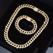 Resim 2 adet Erkek Takı Seti, Erkekler için Küba Bağzı Zincir, Iced Out Lab Rhinestone Miami Kolye Choker Kutu Tokalı, Unisex Kolye + Bilezik Eşleştirilmiş Takı 