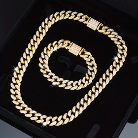 Resim 2 adet Erkek Takı Seti, Erkekler için Küba Bağzı Zincir, Iced Out Lab Rhinestone Miami Kolye Choker Kutu Tokalı, Unisex Kolye + Bilezik Eşleştirilmiş Takı 