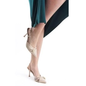 Resim Difolia Kadın Krem Cilt 9 cm Ince Topuklu Sivri Burunlu Yanları Acık Stiletto 
