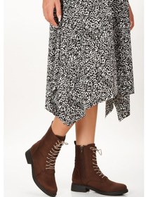 Resim Süet Bağcıklı Ve Fermuarlı Alçak Topuk Kadın Bot Kahverengi 