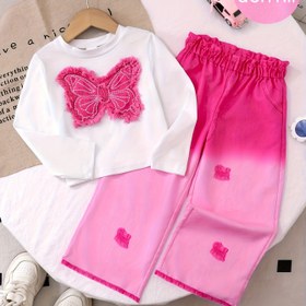 Resim Kızlar için İlkbahar/Sonbahar Dopamin Pembe Kelebek Üstü ve Gradyan Suni Kot Pantolon Tatlı Tasarım Seti, Dış Mekanlar için Mükemmel 