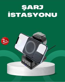 Resim Dijital Saatli Kablosuz Şarj İstasyonu - 3 Ü 1 Arada Apple Uyumlu Hızlı Şarj Ve Led Ekran 