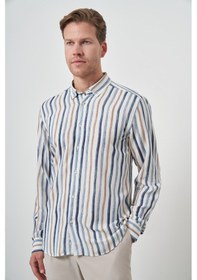 Resim Erkek İndigo Keten Çizgili Desen Düğmeli Yaka Slim Fit Gömlek 25ys004009308 İndigo İndigo 