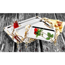 Resim Özlife Gold Ayaklı Paslanmaz Çelik Tepsi - Çay Servis Tepsisi Ort 