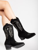 Resim mysticaluxe Shoes Kadın Siyah Suni Süet Nakışlı Western Kovboy Cowgirl Bot Çizme M0010 