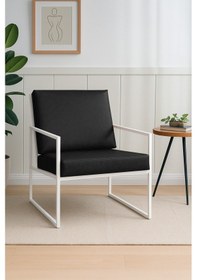 Resim Azra Mobilya İskandinav Deri Berjer Beyaz Metal Ayaklı Modern Tekli Koltuk - Siyah Siyah 