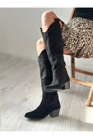 Resim Favi Ayakkabı Siyah Süet Dizaltı Fermuarsız Western Tarzı Günlük Kadın Çizme 