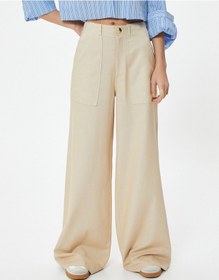 Resim Koton Bol Paça Keten Pantolon Cepli Standart Bel Bej 4sal40065ıw Ekru 