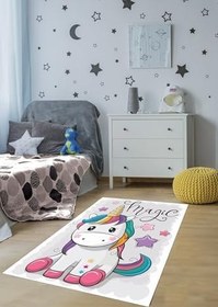 Resim Pelangi Unicorn At Desenli Halı Dijital Baskı Yıkanabilir Kaymaz Taban Çocuk Odası Halısı, Ekru 120 x 160 