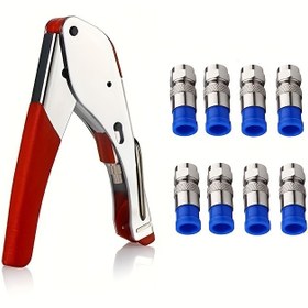 Resim Koaksiyel Kablo Sıkma Seti, Koaksiyon Sıkıştırma Aracı Kiti, TV'ler ve Diğer Cihazlar için Uygun, Kolay Soyma ve Sıkma için 10 adet F-Tipi RG6 Sıkıştırma Bağlantısı ile Çok Fonksiyonlu Tel Soyucu Set 